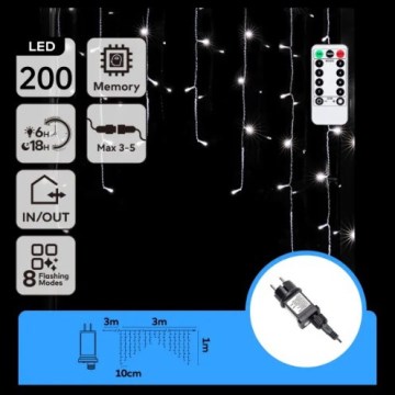 Aigostar - Guirlanda LED para exterior 200xLED/6W/230V/8 funções 3x1m IP44 branco frio + comando à distância
