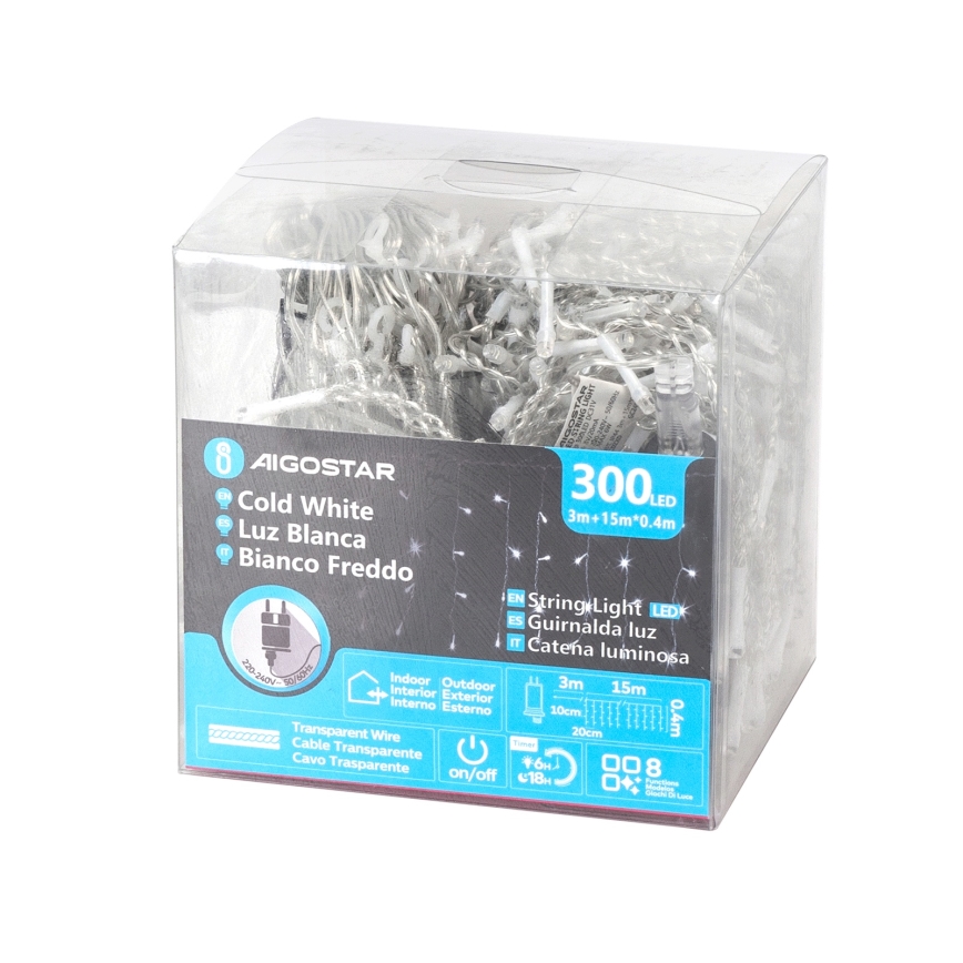 Aigostar - Cadeia de luzes LED para exterior 300 LEDs/8 funções 15x0,4 m IP44 branco frio
