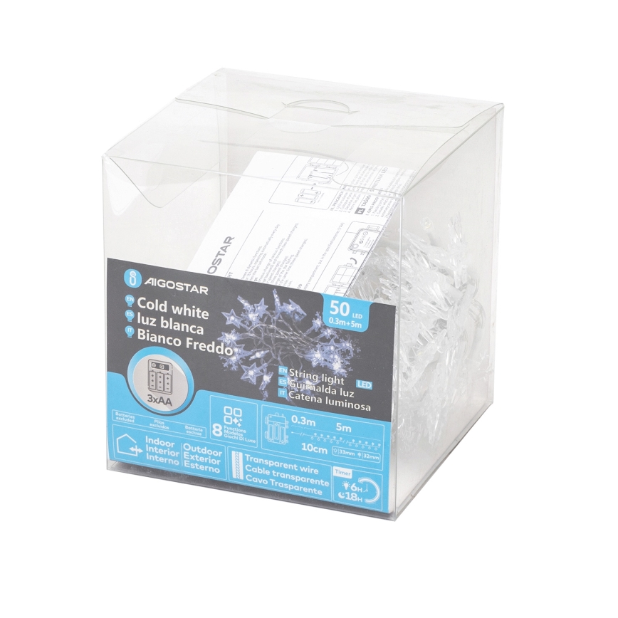Aigostar - Guirlanda LED para exterior, 50 LEDs, 8 funções, 3x AA, 5 m, IP44, branco frio
