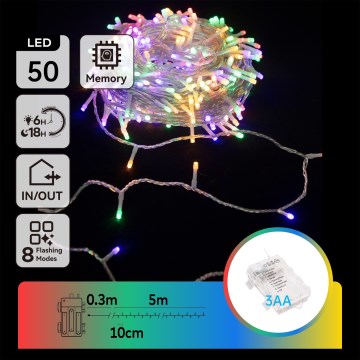 Aigostar - Guirlanda LED para exterior, 50 LEDs, 8 modos, 3x pilhas AA, 5,3 m, IP44, multicolorido