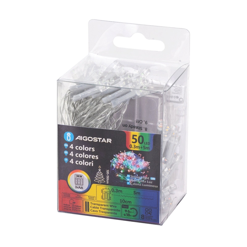 Aigostar - Guirlanda LED para exterior, 50 LEDs, 8 modos, 3x pilhas AA, 5,3 m, IP44, multicolorido