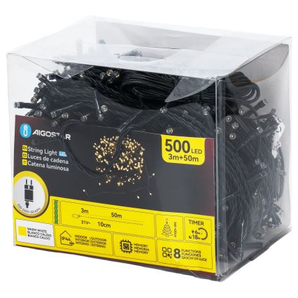 Aigostar - Cordão de luzes LED para exterior 500xLED/8 funções 50m IP44 branco quente
