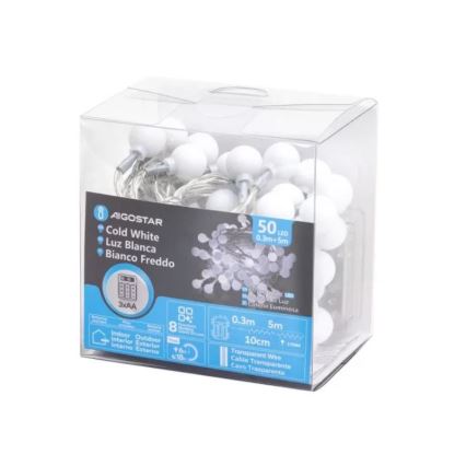 Aigostar - Guirlanda LED de Natal para exterior 50xLED/3xAA/8 funções 5,3 m IP44 branco frio