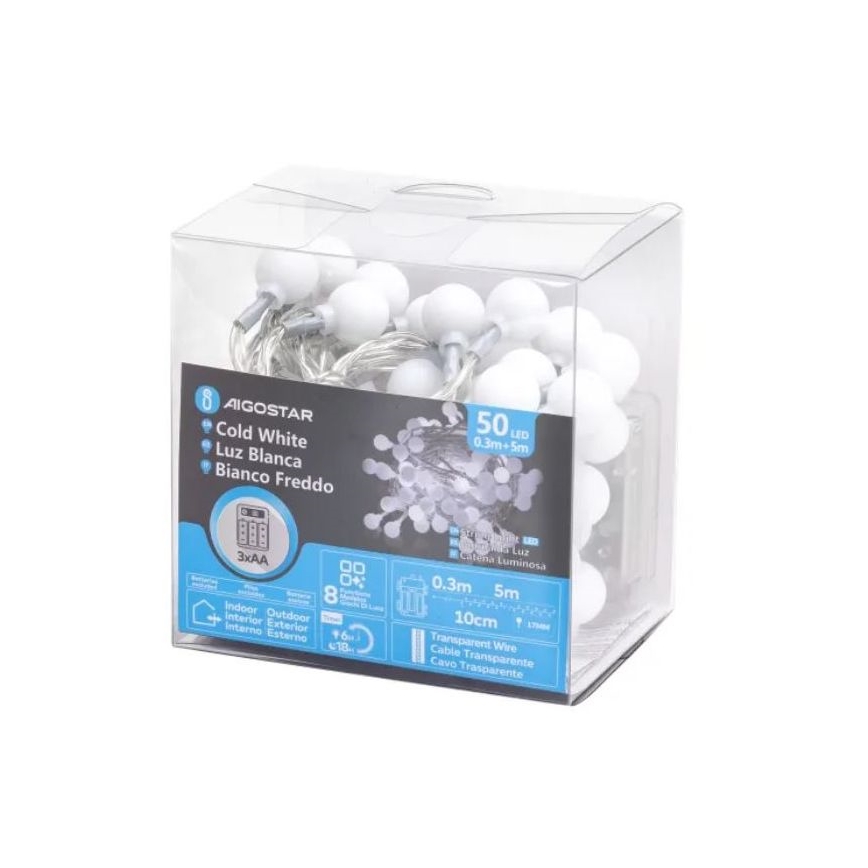 Aigostar - Guirlanda LED de Natal para exterior 50xLED/3xAA/8 funções 5,3 m IP44 branco frio