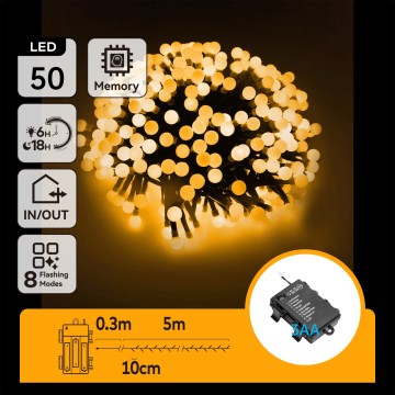Aigostar - Guirlanda LED para exterior 50xLED/8 funções 3xAA 5,3m IP44 branco quente