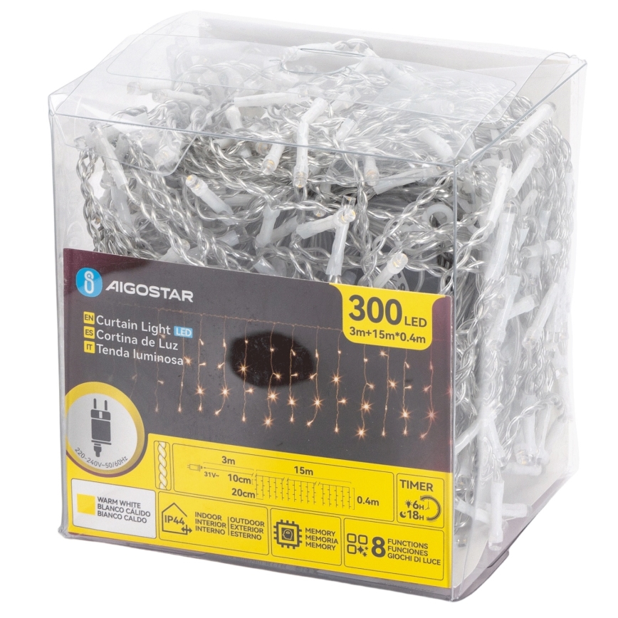 Aigostar - Luzes de Natal LED para exterior 300xLED/8 funções 15x0,4 m IP44 branco quente