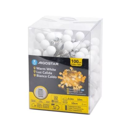 Aigostar - Guirlanda de Natal LED para exterior 100xLED/3xAA/8 funções 10,3 m IP44 branco quente