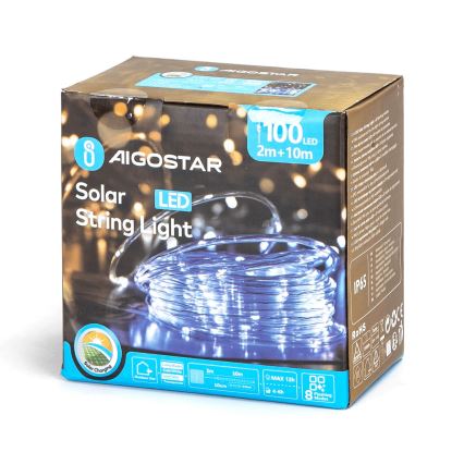 Aigostar - Cordão de luzes de Natal solar LED 100xLED/8 funções 12m IP65 branco frio 800 mAh