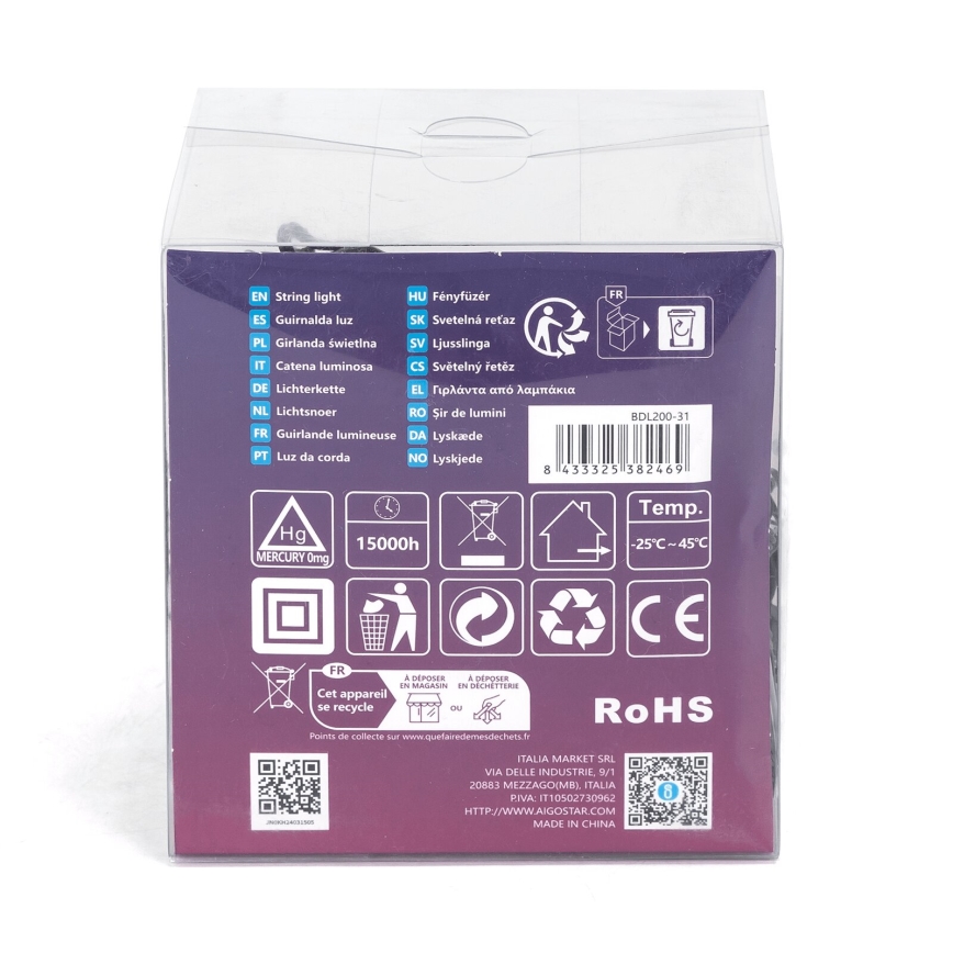 Aigostar - Guirlanda luminosa de Natal LED para exterior, 200 LEDs, 8 funções, 13 m, IP44, branco quente