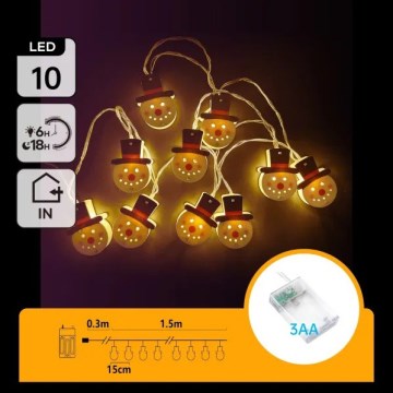 Aigostar - Guirlanda luminosa LED de Natal 10xLED/3xAA 1,5m branca quente com boneco de neve