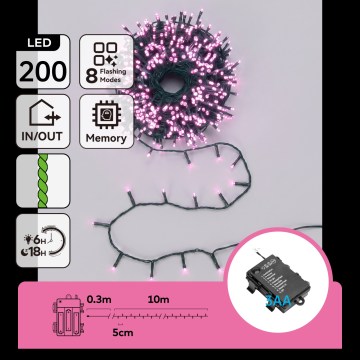 Aigostar - Guirlanda luminosa LED de Natal para exterior 200 LEDs/8 funções 3xAA 10,3m IP44 rosa