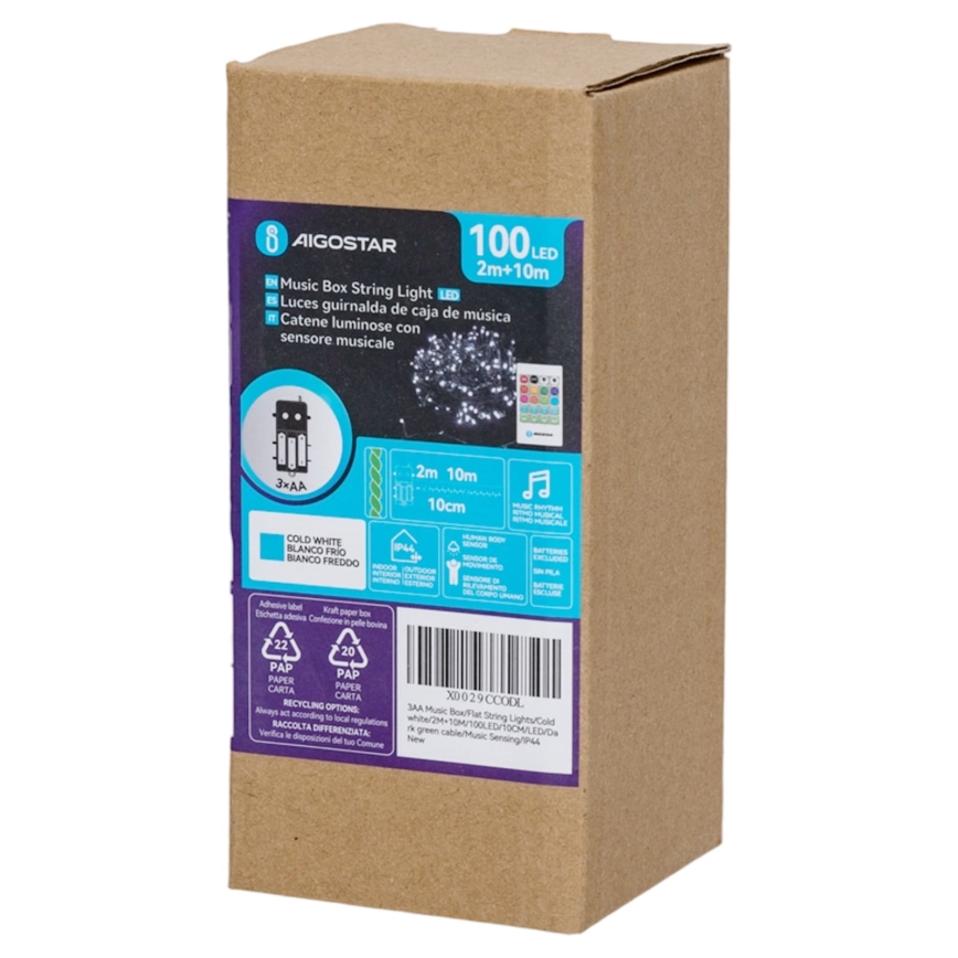 Aigostar - Guirlanda luminosa LED regulável para exterior com sensor de movimento 100xLED/3xAA 12m branco quente + comando à distância