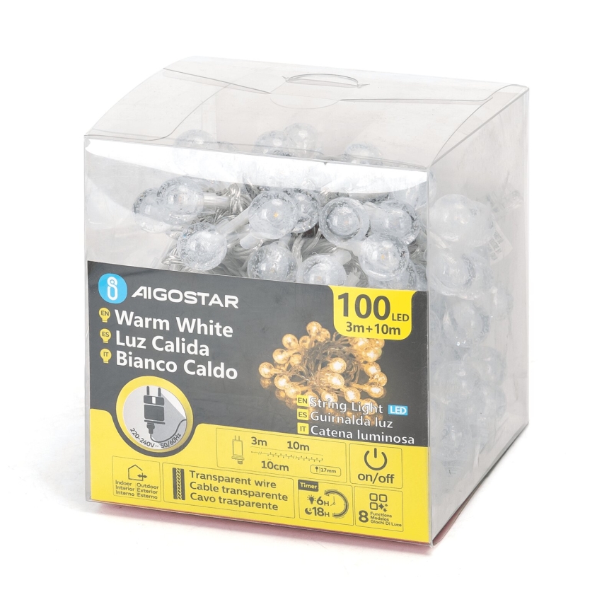 Aigostar - Guirlanda luminosa LED para exterior, 100 LEDs, 8 funções, 13 m, IP44, branco quente