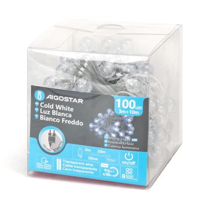 Aigostar - Guirlanda luminosa LED para exterior 100xLED/8 funções 13m IP44 branco frio