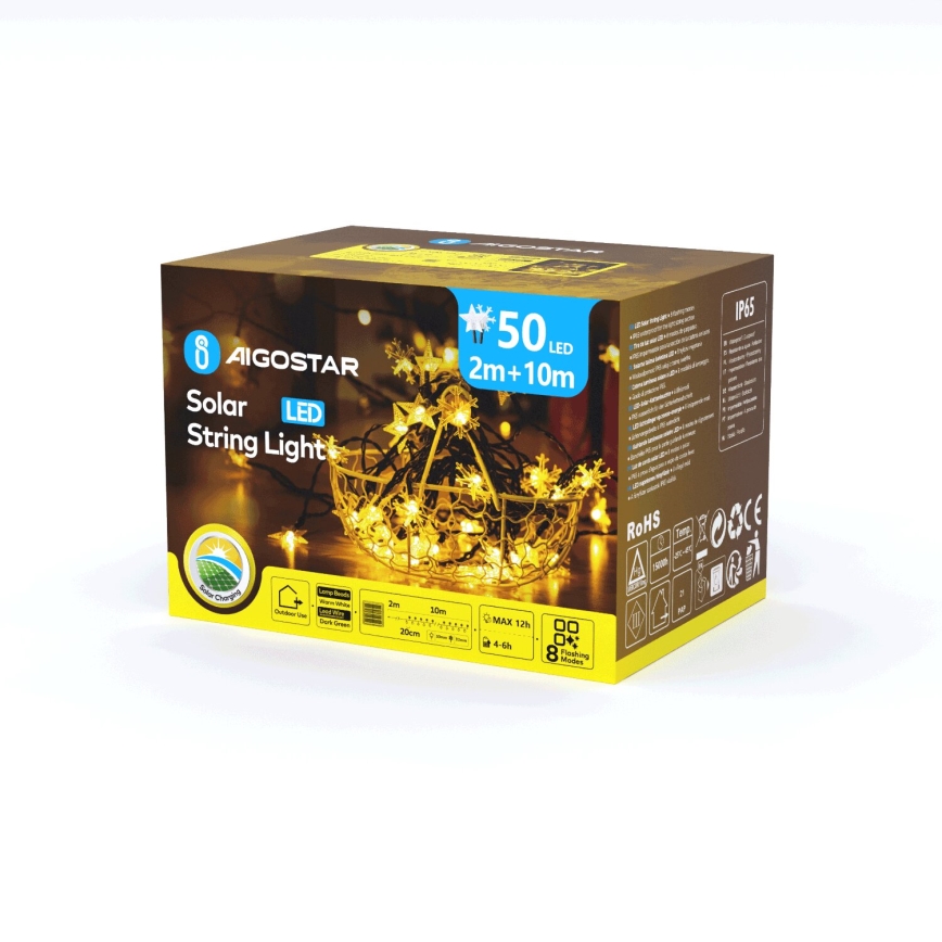 Aigostar - Corda de luzes de Natal LED solar 50xLED/8 funções 12m 800mAh IP65 branco quente