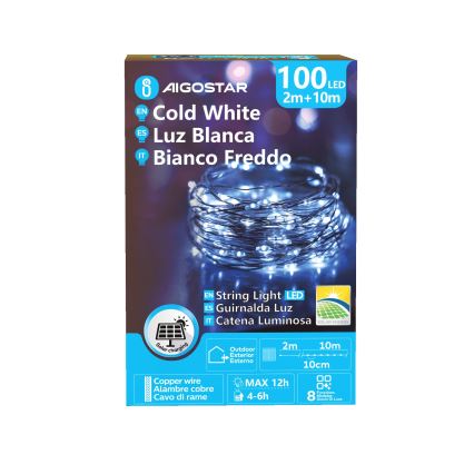 Aigostar - Guirlanda LED solar 100 LEDs/8 funções 12 m IP65 800 mAh branco frio