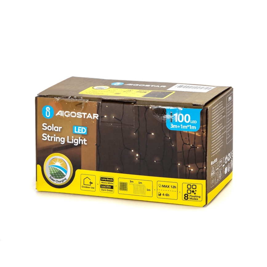 Aigostar - Guirlanda solar LED 100 LEDs / 8 funções, 4 x 1 m, IP65, branco quente, 800 mAh