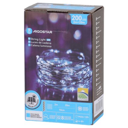 Aigostar - Guirlanda solar LED com 200 LEDs, 8 modos, 22 m, IP65, branco frio, 800 mAh