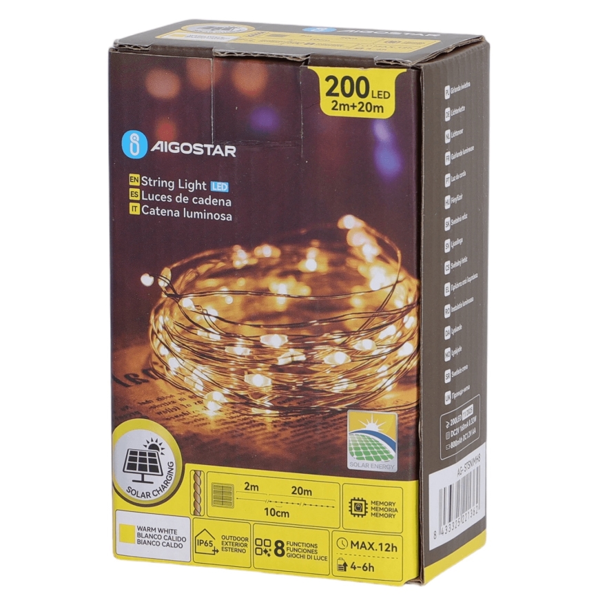 Aigostar - Guirlanda solar LED 200 LEDs/8 modos 22 m IP65 branco quente 800 mAh
