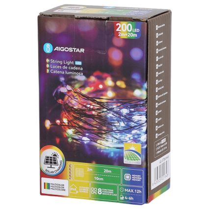 Aigostar - Guirlanda solar LED 200 LEDs / 8 funções, 22 m, IP65, multicolorido, 800 mAh