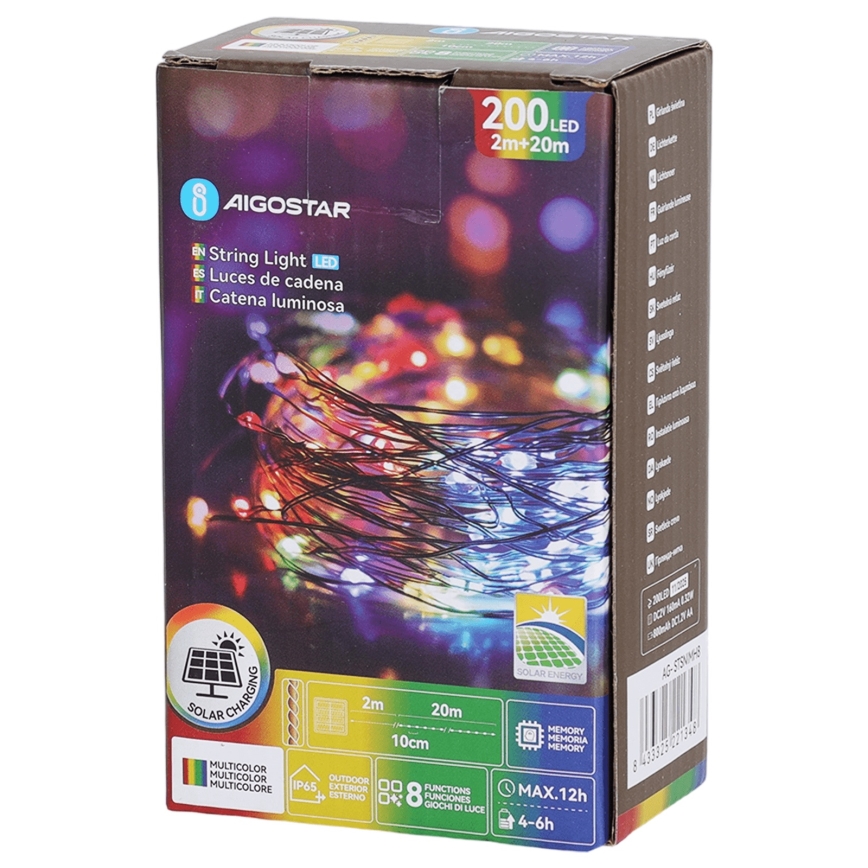 Aigostar - Guirlanda solar LED 200 LEDs / 8 funções, 22 m, IP65, multicolorido, 800 mAh