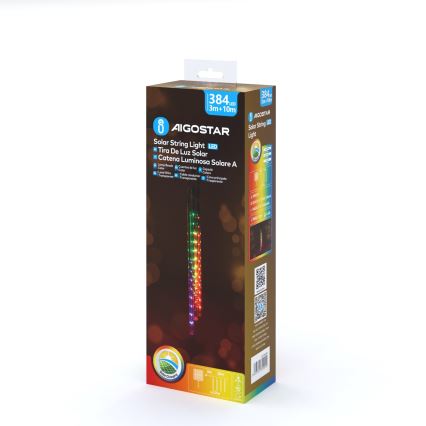 Aigostar - Cordão LED Solar 384 LEDs/13 m IP65 1200 mAh multicolorido