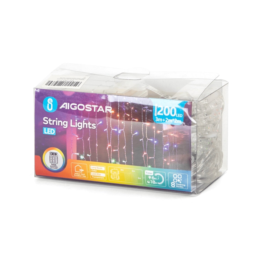 Aigostar - Cordão de Natal LED para Exterior 200xLED/8 funções 3xAA 5x2m IP44 multicolor