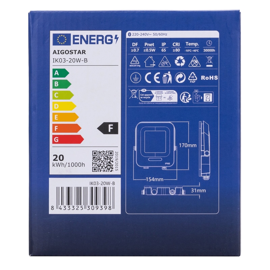 Aigostar - Holofote LED RGBW regulável MESH Inteligente LED/20W/230V 6500K IP65 + comando