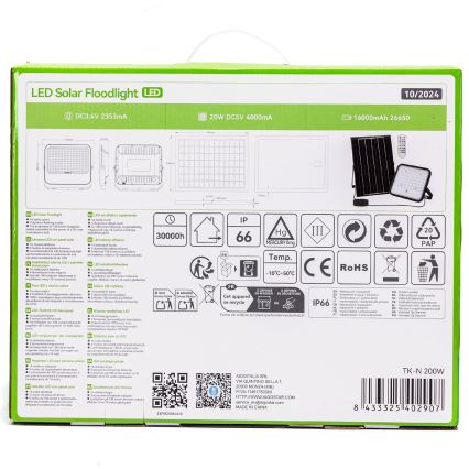 Aigostar - Holofote solar LED RGBW regulável LED/200W/3,4V IP66 + comando