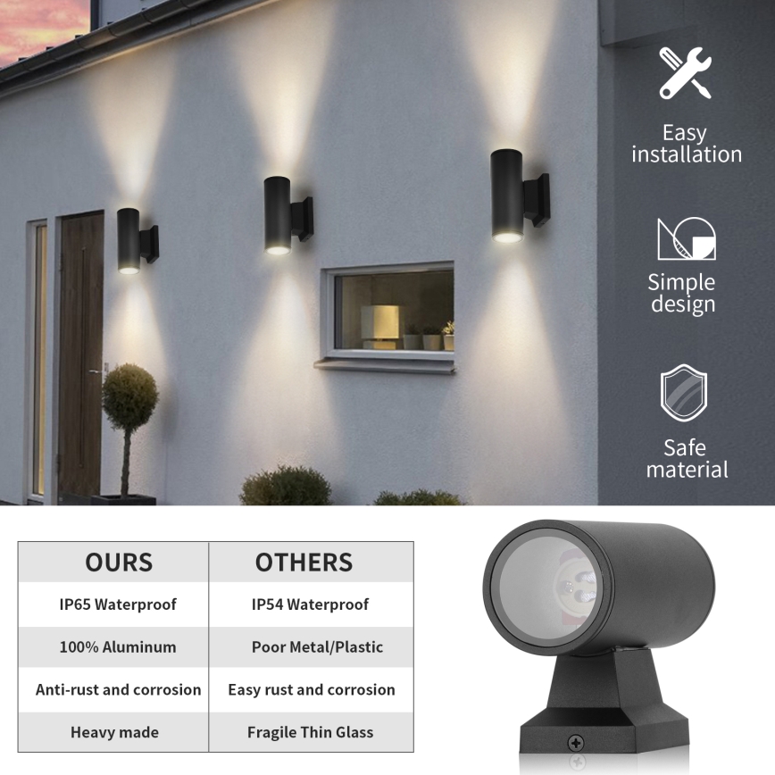 Aigostar - Iluminação de parede exterior 2xGU10/230V preto IP65 redondo