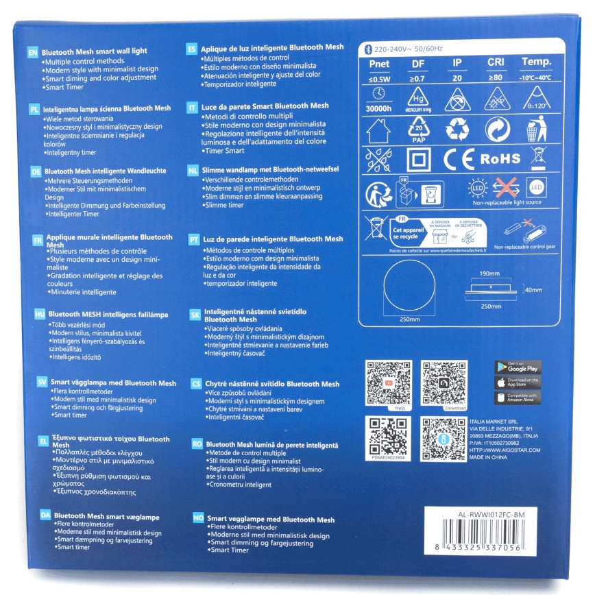 Aigostar - Iluminação de parede LED RGBW com regulação MESH Inteligente LED/12W/230V 2700-6500K preto + comando