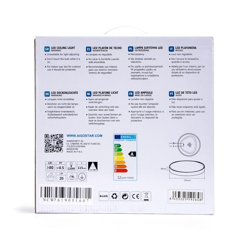 Aigostar - Iluminação de teto LED LED/12W/230V 3000K d. 23 cm branco