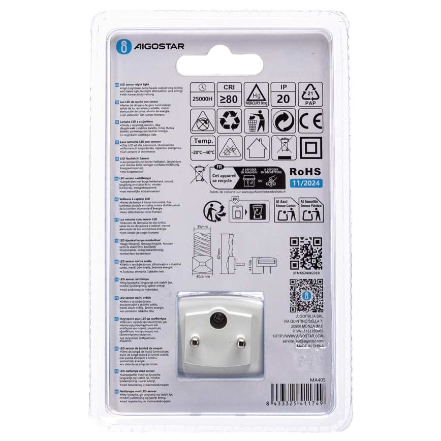 Aigostar - Luz noturna LED com sensor de anoitecer LED/0,2W/230V 3000K