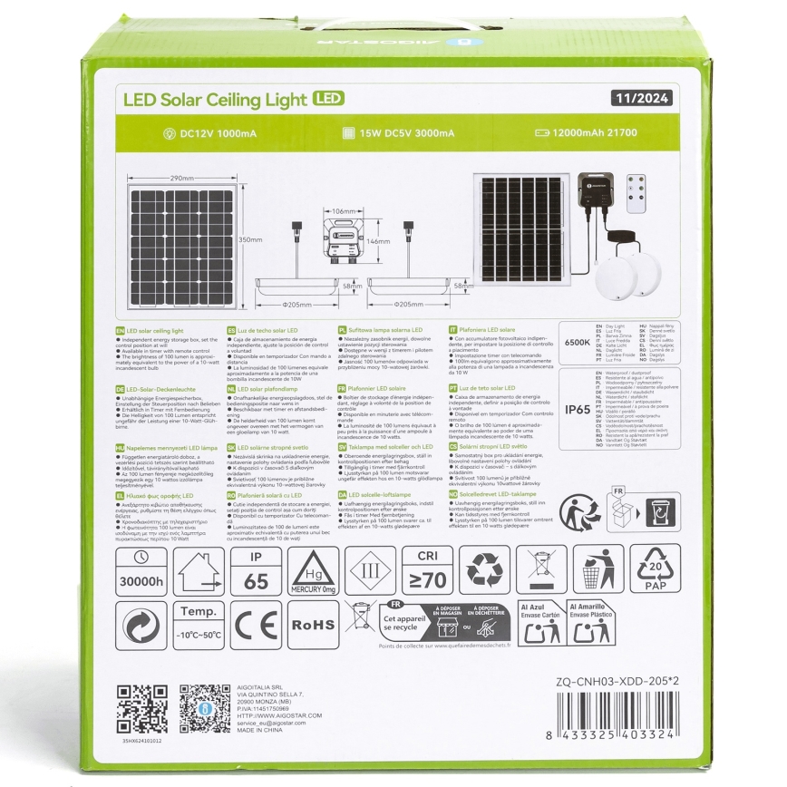 Aigostar - Iluminação solar LED 2xLED/70W/12V 12000 mAh 6500K diâmetro 20,5 cm + comando