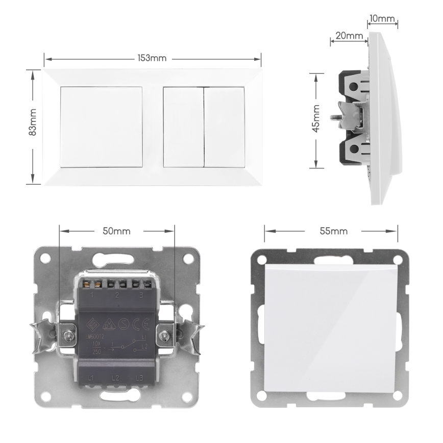Aigostar - Interruptor duplo n.º 6+6 e interruptor simples n.º 1 com moldura, branco