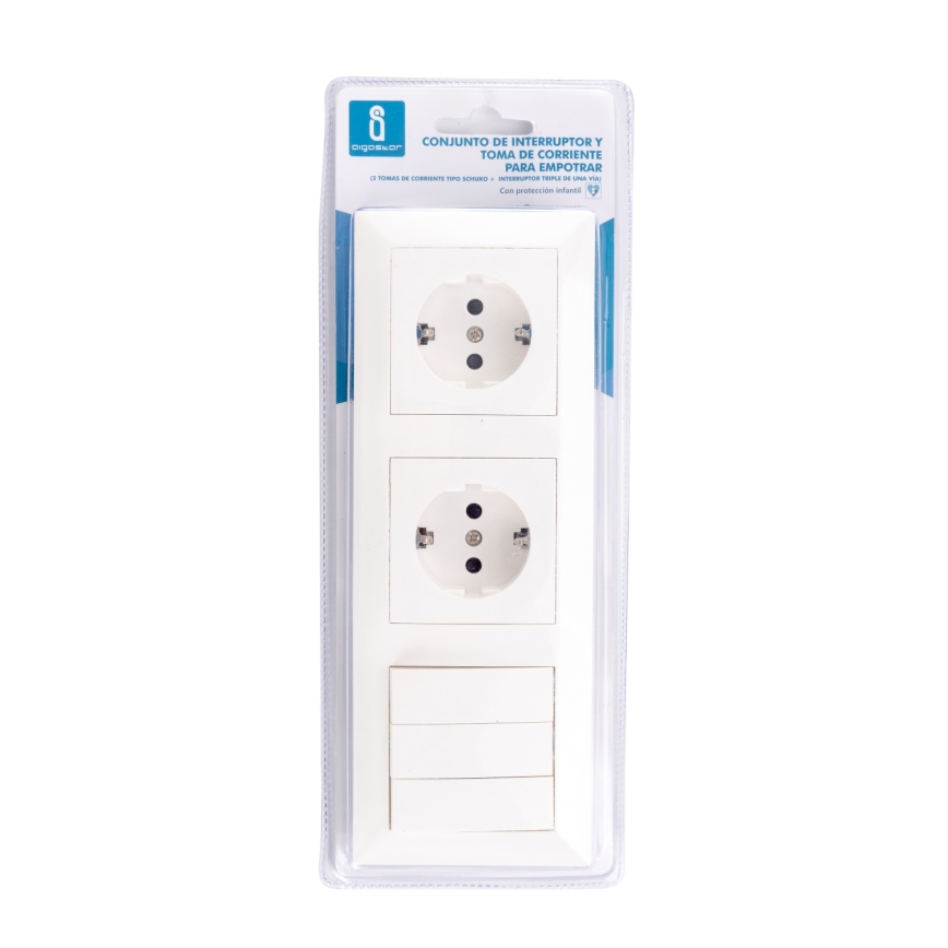 Aigostar - Interruptor triplo n.º 3 e 2x tomada SCHUKO 230V com moldura branca