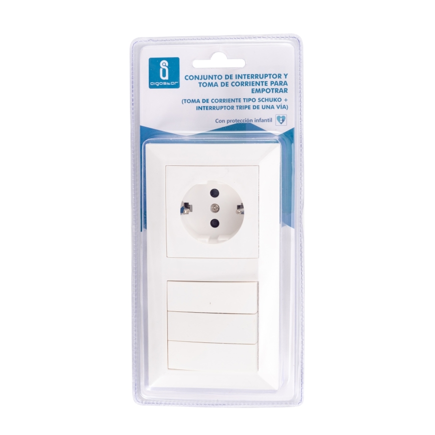 Aigostar - Interruptor triplo n.º 3 e tomada SCHUKO 230V com moldura branca