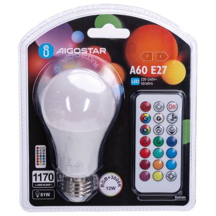 Aigostar - Lâmpada LED RGBW dimerizável E27/12W/230V 3000K + controlo remoto