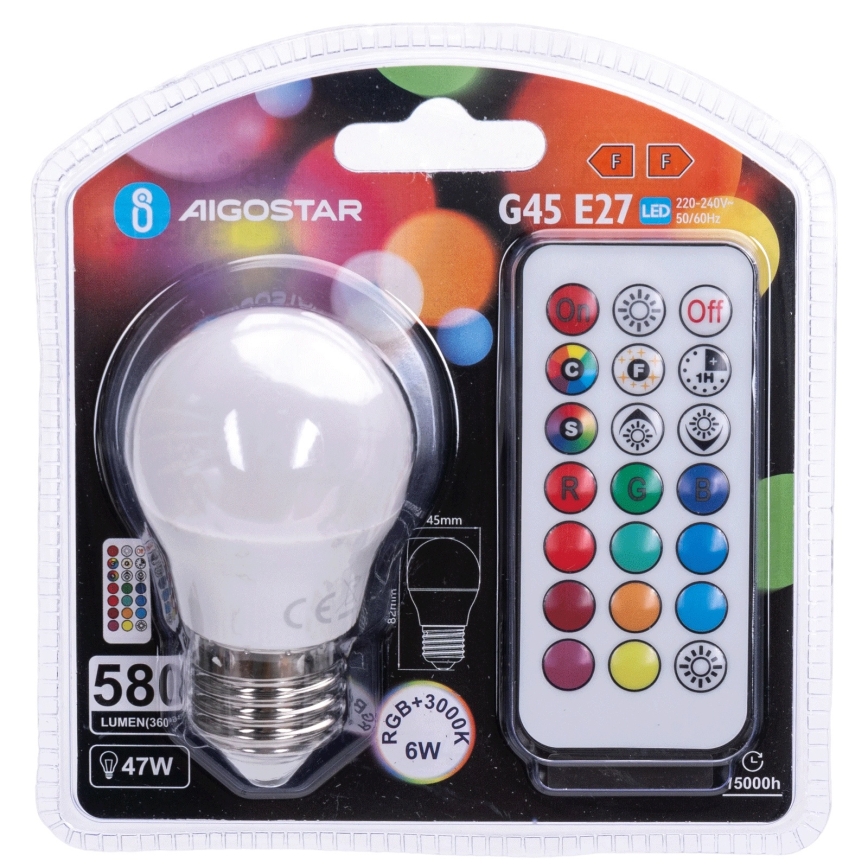 Aigostar - Lâmpada LED RGBW regulável G45 E27/6W/230V 3000K + comando remoto