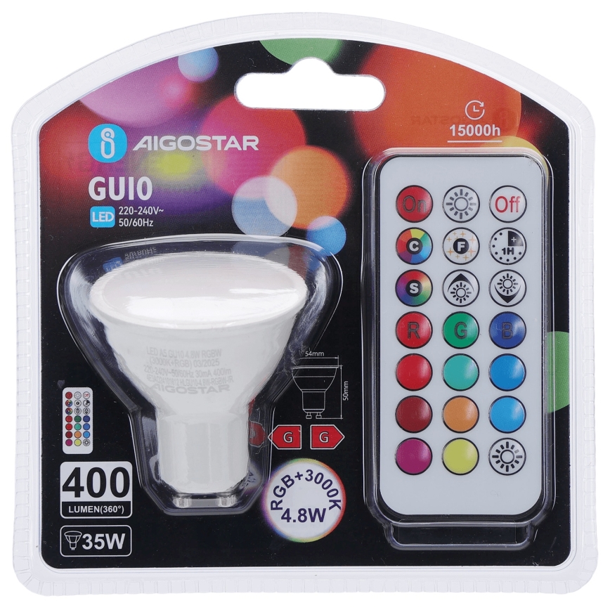 Aigostar - Lâmpada LED RGBW regulável GU10/4,8W/230V 3000K + comando remoto