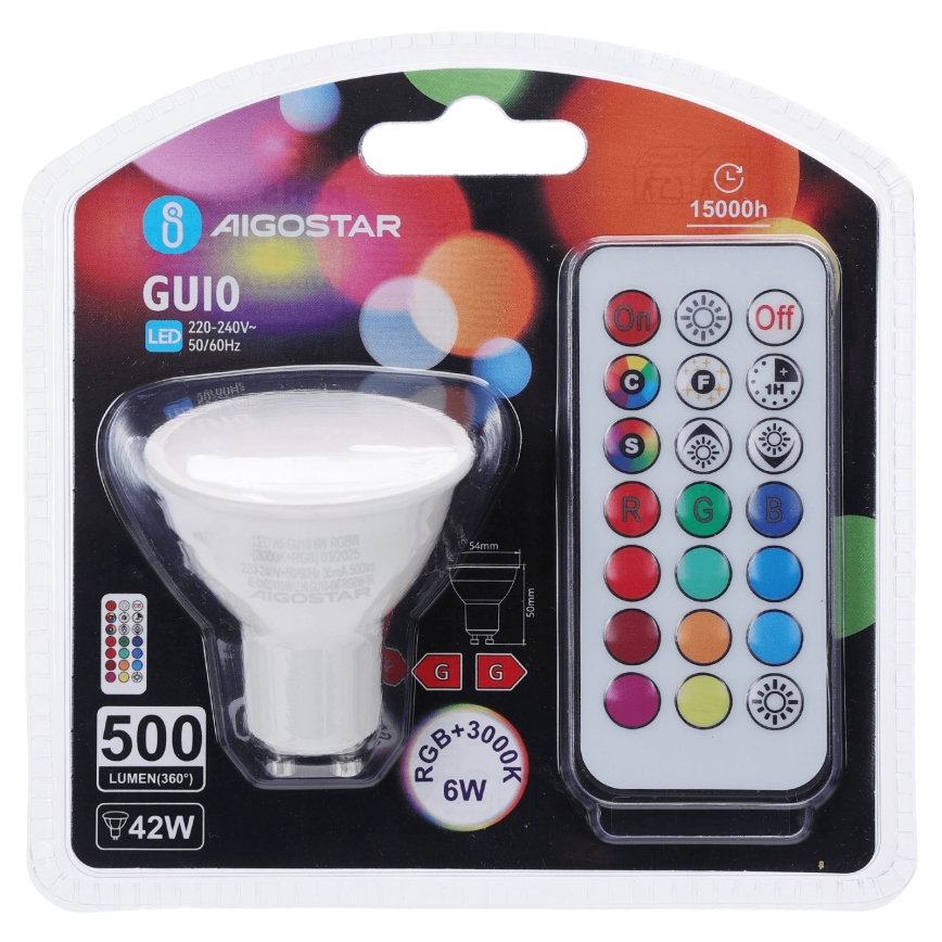 Aigostar - Lâmpada LED RGBW regulável GU10/6W/230V 3000K + comando remoto