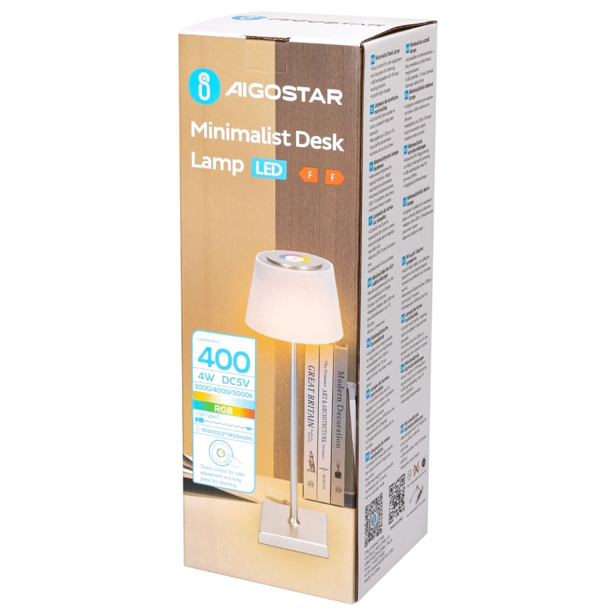 Aigostar - Lâmpada de mesa recarregável LED RGBW exterior regulável LED/4W/5V 3600mAh branco/cromado fosco IP54
