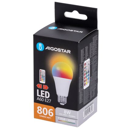 Aigostar - Lâmpada LED RGBW regulável A60 E27/8W/230V 3000K + comando remoto