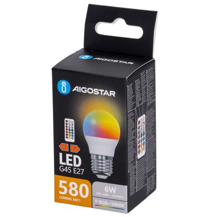 Aigostar - Lâmpada LED RGBW regulável G45 E27/6W/230V 3000K + controlo remoto