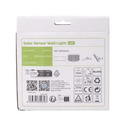 Aigostar - Luminária Solar LED com sensor de movimento LED/2,4W/3,7V 1800 mAh IP65