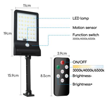 Aigostar - Lâmpada solar LED regulável com sensor LED/2,3W/5,5V IP65 1800 mAh + controlo remoto