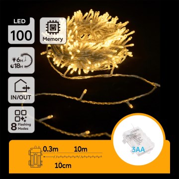Aigostar -LED Cadeia de luzes de Natal para exterior 100xLED/8 funções 3xAA 10,3m IP44 branco quente