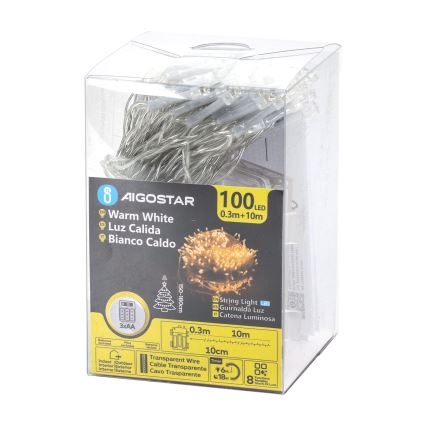 Aigostar -LED Cadeia de luzes de Natal para exterior 100xLED/8 funções 3xAA 10,3m IP44 branco quente
