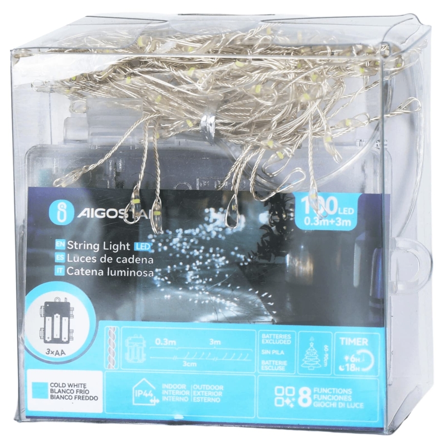 Aigostar - Cordão de luzes de Natal LED para exterior 100 LEDs/8 funções 3xAA 3,3 m IP44 branco frio