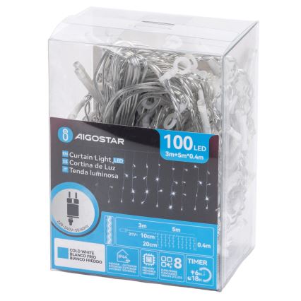 Aigostar - LED Cadeia de luzes de Natal para exterior 100xLED/8 funções 5x0,4m IP44 branco frio